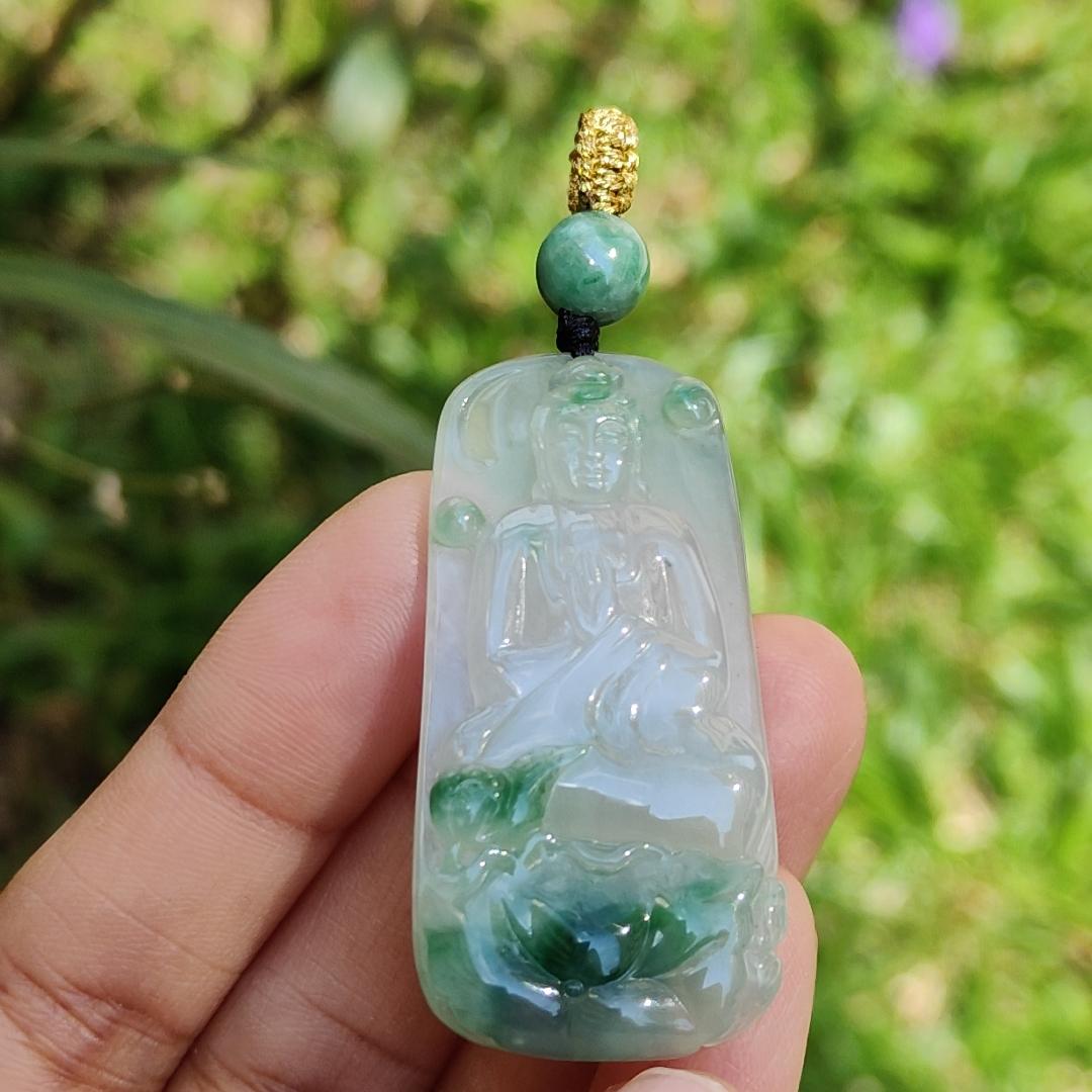 Icy Good Translucency with Green Natural Type A Jadeite Pendant Necklace crafted with Buddha and Lotus, certificate included weigh 13.2 grams, 46.2 * 22.5 * 6.3 mm