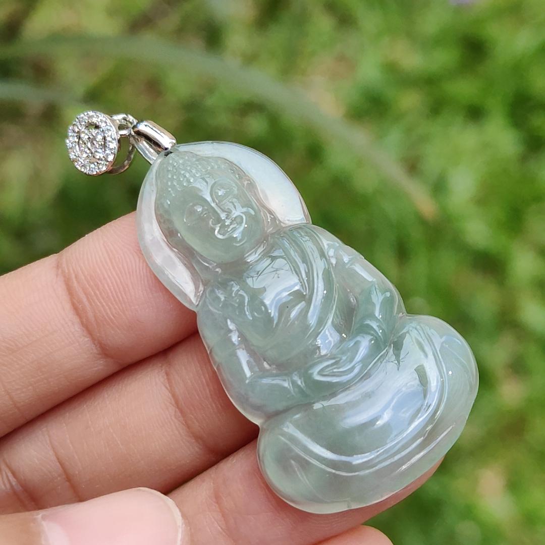 Premium Icy Good Translucency Green Hue Natural Type A Jadeite Pendant Necklace crafted as Buddha with certificate weigh 8.65 grams, 42.5 * 23.8 * 5.8 mm, collectible jadeite suitable for daily wear