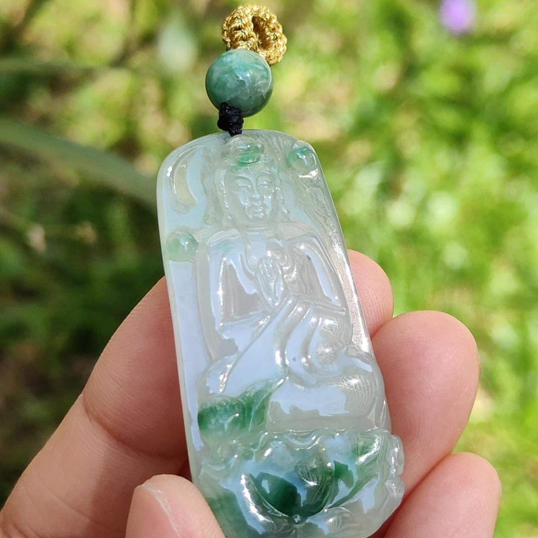 Icy Good Translucency with Green Natural Type A Jadeite Pendant Necklace crafted with Buddha and Lotus, certificate included weigh 13.2 grams, 46.2 * 22.5 * 6.3 mm