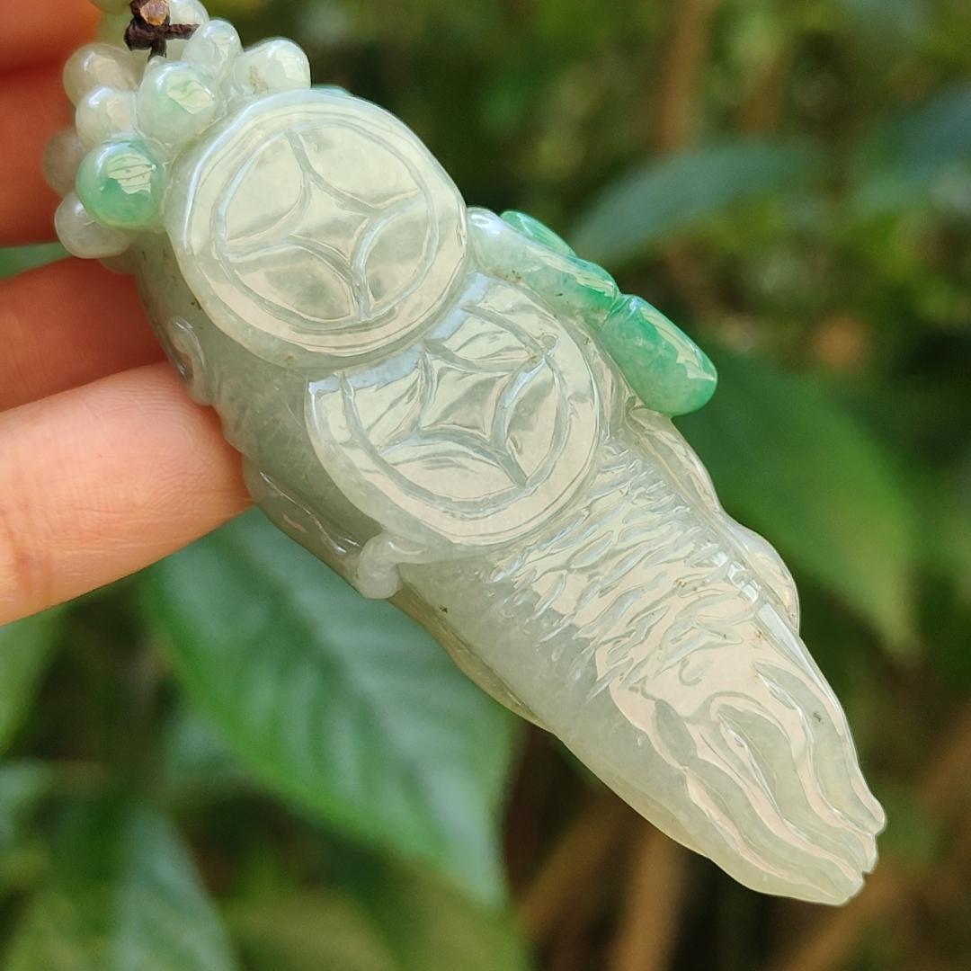 With Green and Light Green Ginseng Ruyi Natural Type A Jadeite pendant come with certificate weight 40.59 grams, 72.30 * 24.80 * 20 mm meaning Auspicious, representing good luck, happiness, joy, and wealth boosting you wearing it (pendant97)