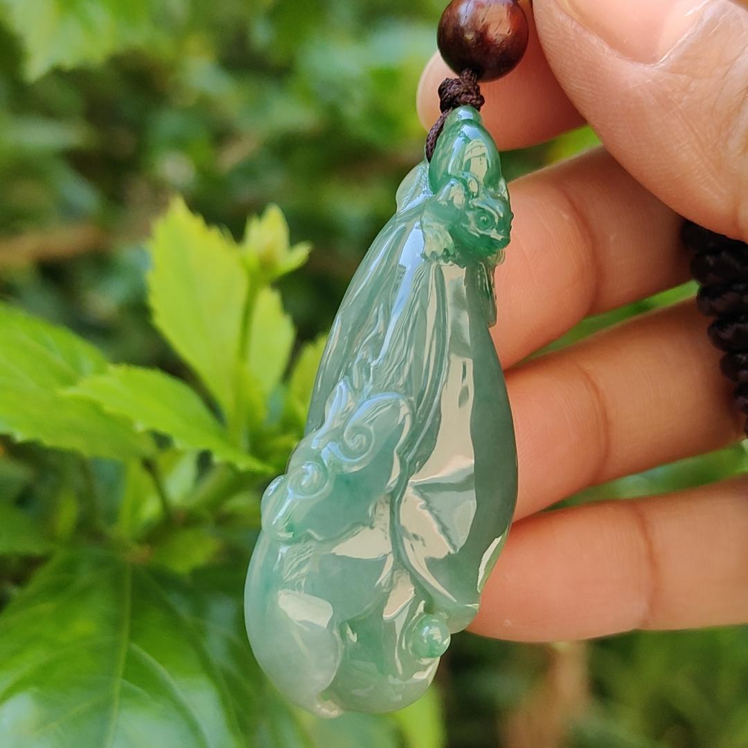 Very beautiful Full Green and Light Green Hue Natural Type A Jadeite Jade crafted with Three Legs Toad with coin and Ruyi with certificate weigh 16.97 grams, measurement 52.8 * 21.2 * 10.7 mm (pendant180)