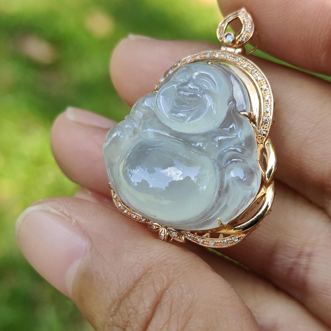 Premium Quality Icy Translucent Natural Type A Jadeite Jade crafted with Milo Buddha Set on 18k Gold as Pendant, certificate weighs 6.48 grams, measurement 34.1 * 26 * 11.6 mm (18kp61)