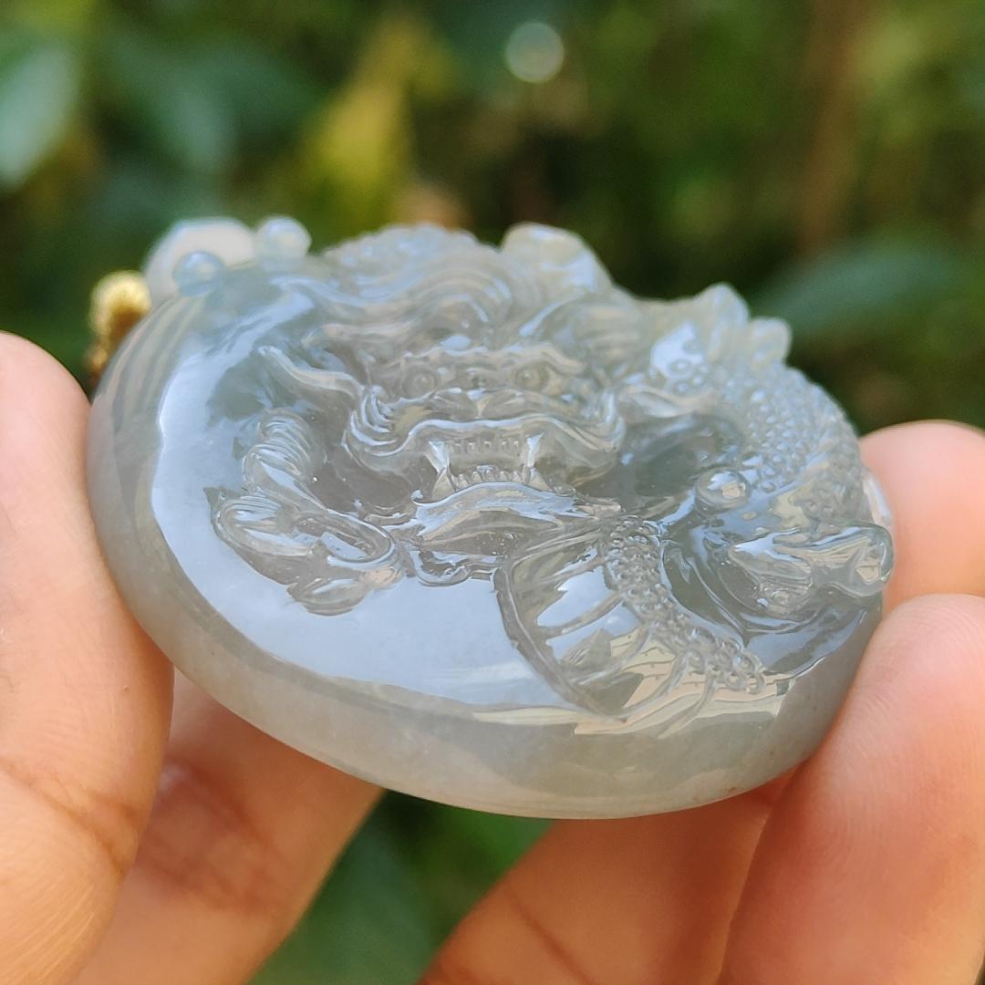 Light green with Brown fine quality Natural Type A Jadeite Pendant carved with dragon meaning wisdom, Auspiciousness, strength and independence with certificate weigh 41.21 grams, 46 * 40.60 * 10.80 mm, very suitable for daily wear (pendant91)