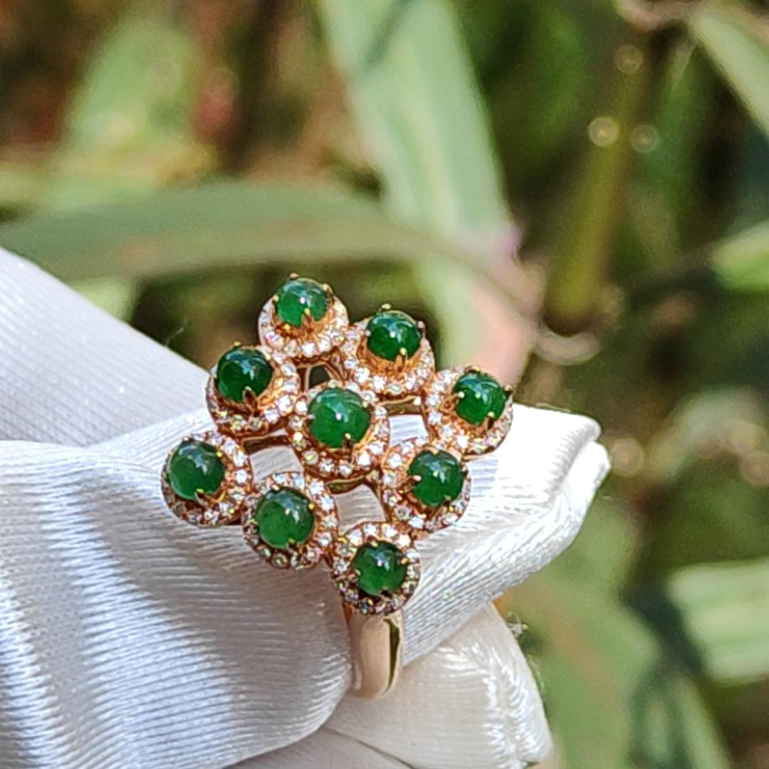 Mid Year Special Offer, Stunning 18k Gold setting with 9 green cabochons and diamonds Natural Type A Jadeites Ring with certificate weigh 3.92 grams, finger size 17.7 mm (18kring2)