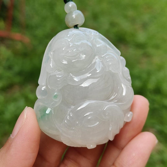 Crafted with Budai Laughing Buddha, Elephant and Ruyi Premium Semi Icy Natural Type A Jadeite with green patches Pendant Necklace with certificate weigh 45.38 grams, 50.5 * 44 * 12.3 mm (pendant160)