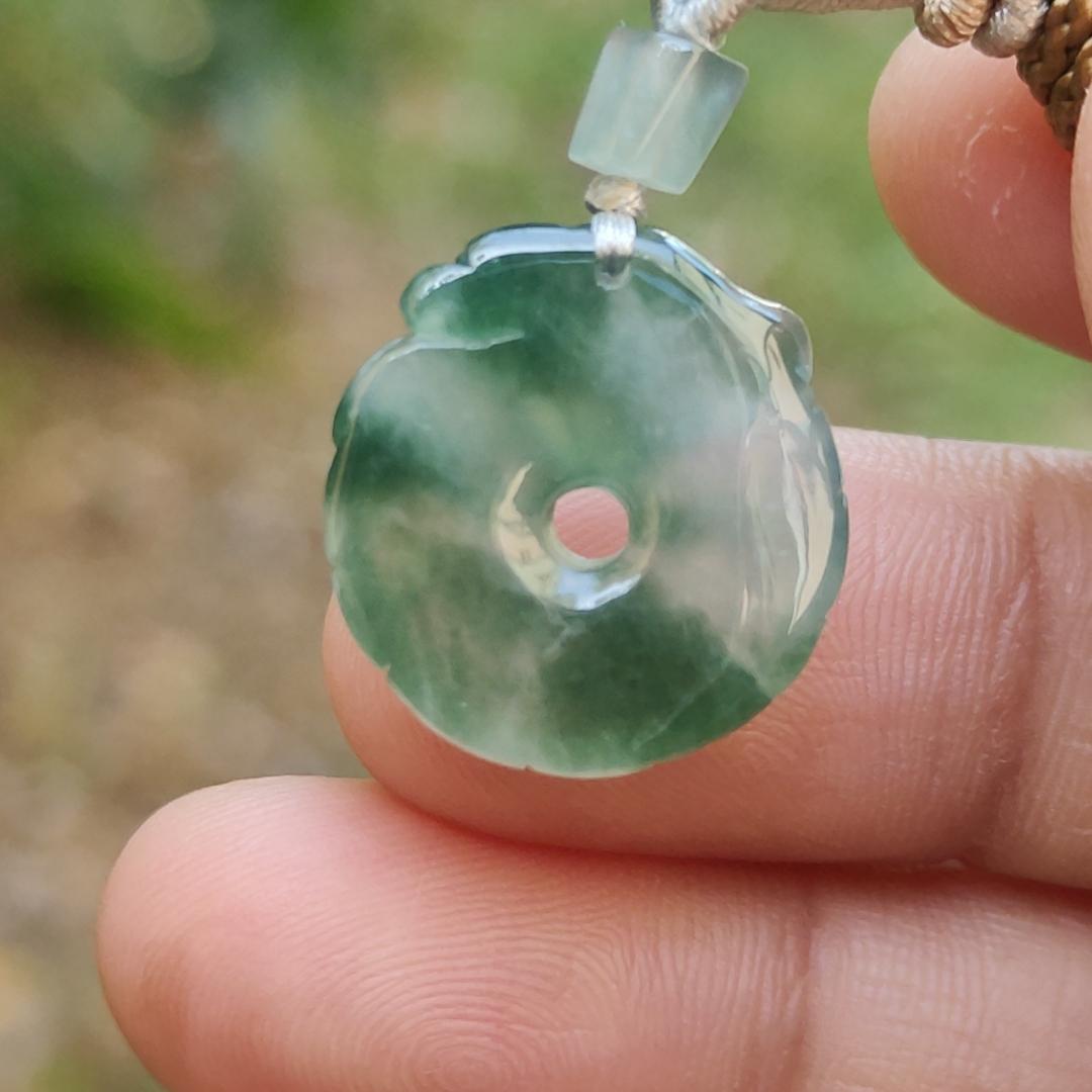 Hight Quality Green with Green Patches Natural Type A Jadeite Jade crafted with shape of Donut with Baby Dragon as Pendant, QIC approved labs certificate weigh 4.11 grams, measurement 17.2 * 16.3 * 5.1 mm (pendant242)