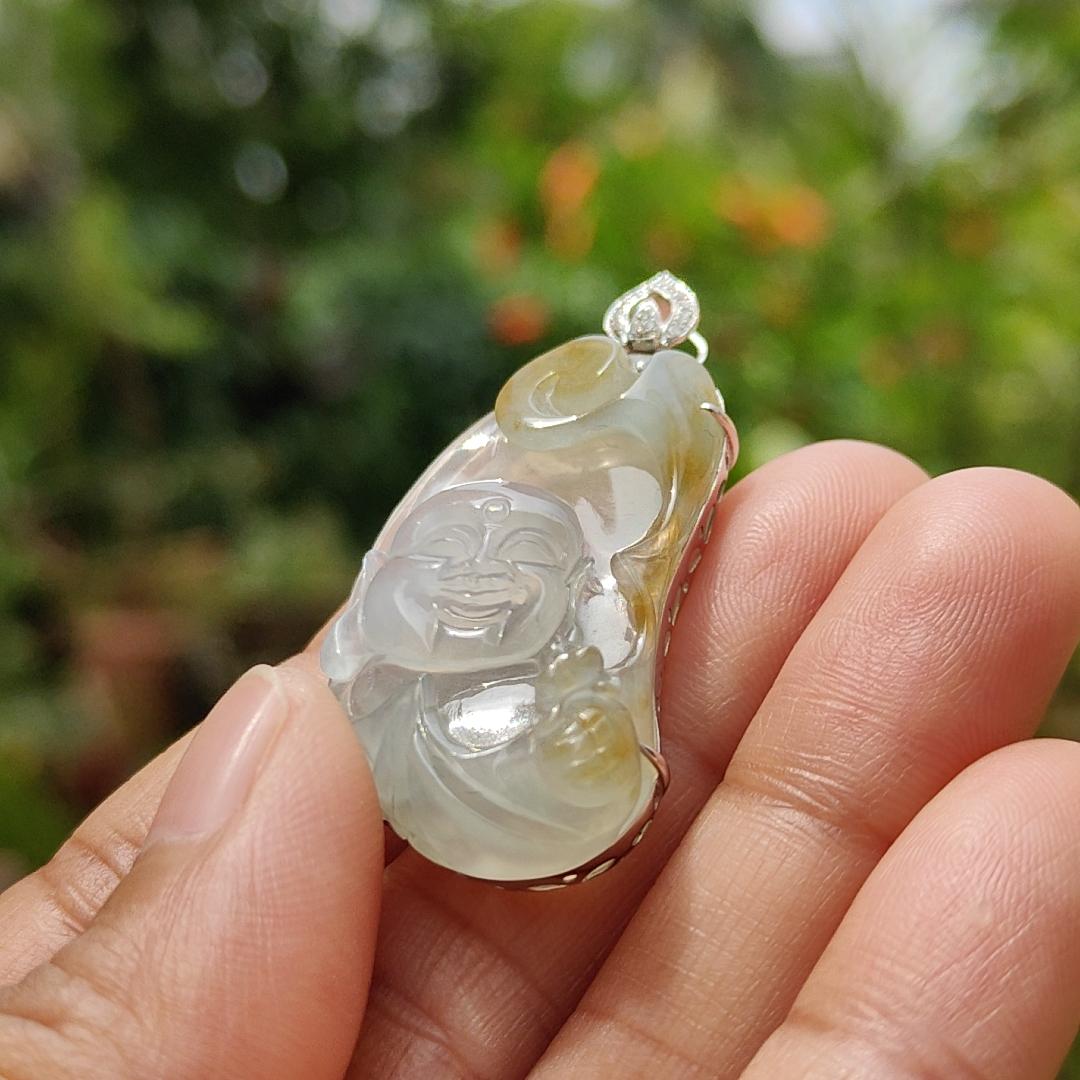 #Sold Icy Translucent with Yellow Natural Type A Jadeite Jade set with 18k Gold and diamonds as Pendant, certificate included weigh 8.23 grams, measurement 42.3 * 20 * 10.5 mm (18kp19)