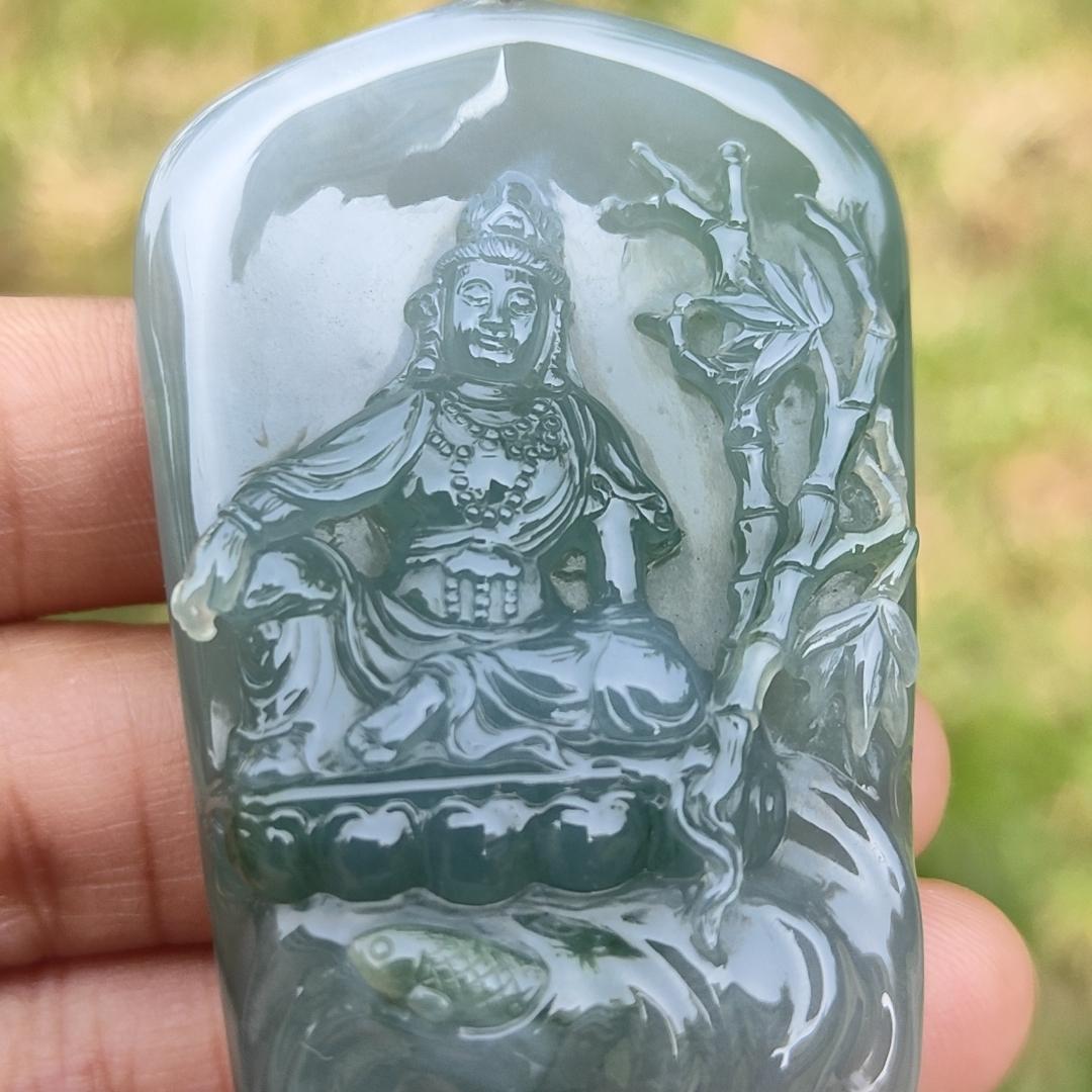 Premium Quality Semi Icy Light Green Natural Type A Jadeite Jade crafted with Guanyin as pendant, certificate included weigh 45.05 grams, measurement 56 * 35.6 * 11.8 mm (18kp24)