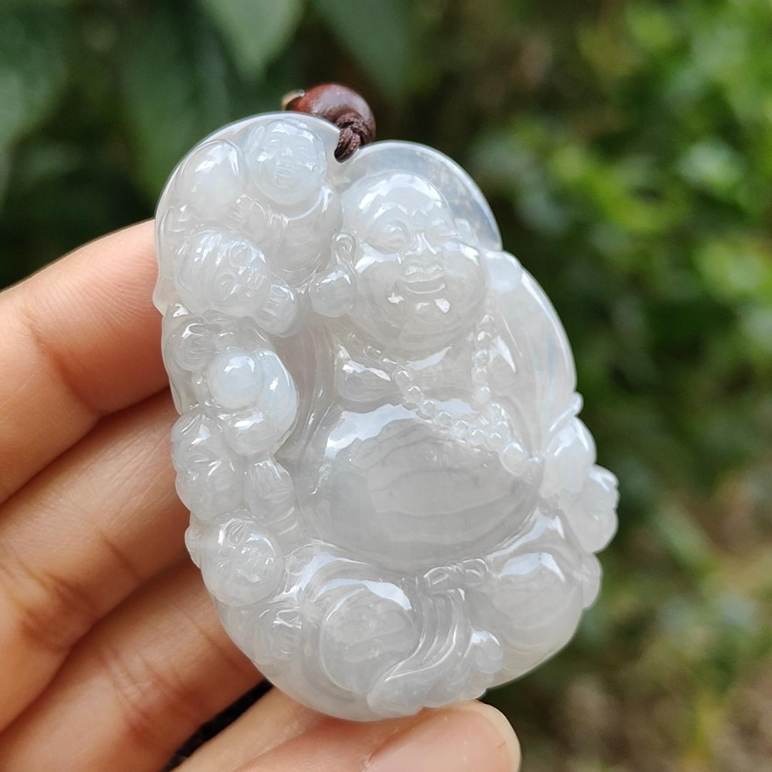 Semi Icy Translucent Natural Type A Jadeite Pendant Necklace Crafted with Milo Buddha with symbols of Be tolerant, smile often, be tolerant and happy, certificate included weigh 45 grams, 54 * 40.5 * 12.3 mm, suitable for daily wear,collection (pendant46)