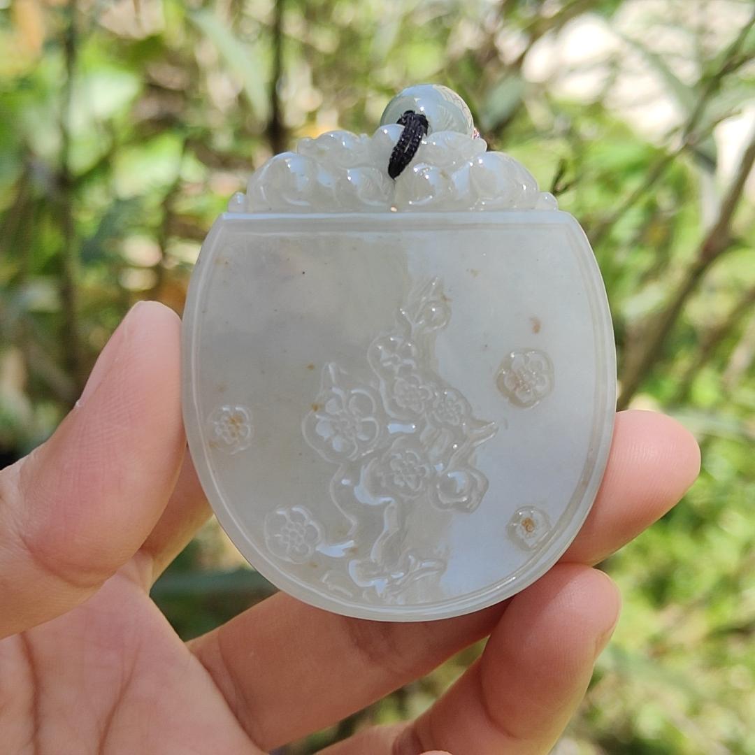 Crafted with Plum Blossoms and Deer Natural Type A Jadeite Pendant Necklace with certificate included weigh 34.14 grams, 54.3 * 47.5 * 5.6 mm,symbols of Good fortune, beauty and happiness (pendant105)