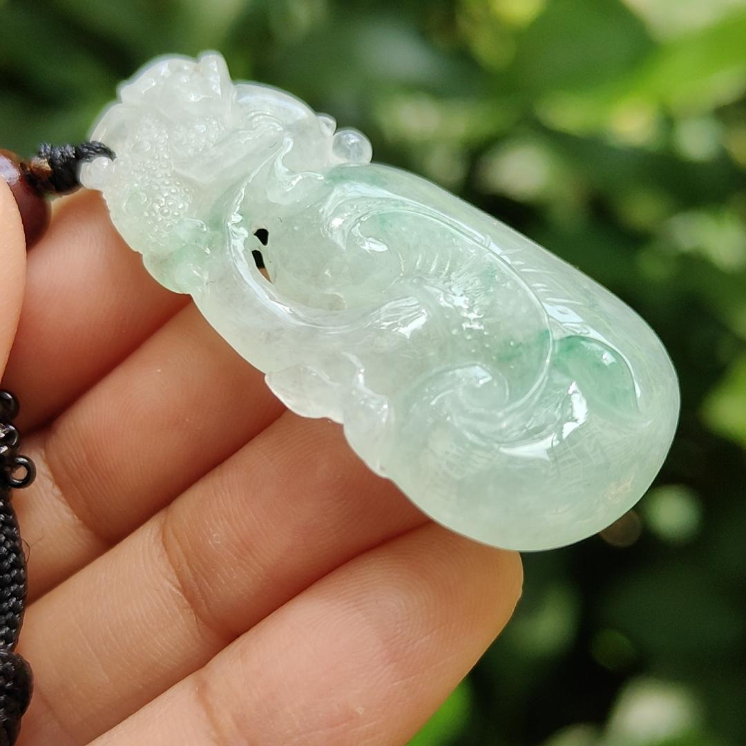 High Quality Light Green Hue Natural Type A Jadeite Jade crafted with shape of Ruyi and Three Legs Toad as Pendant, certificate weighs 13.02 grams, measurement 47.8 * 22.8 * 9 mm (pendant291)