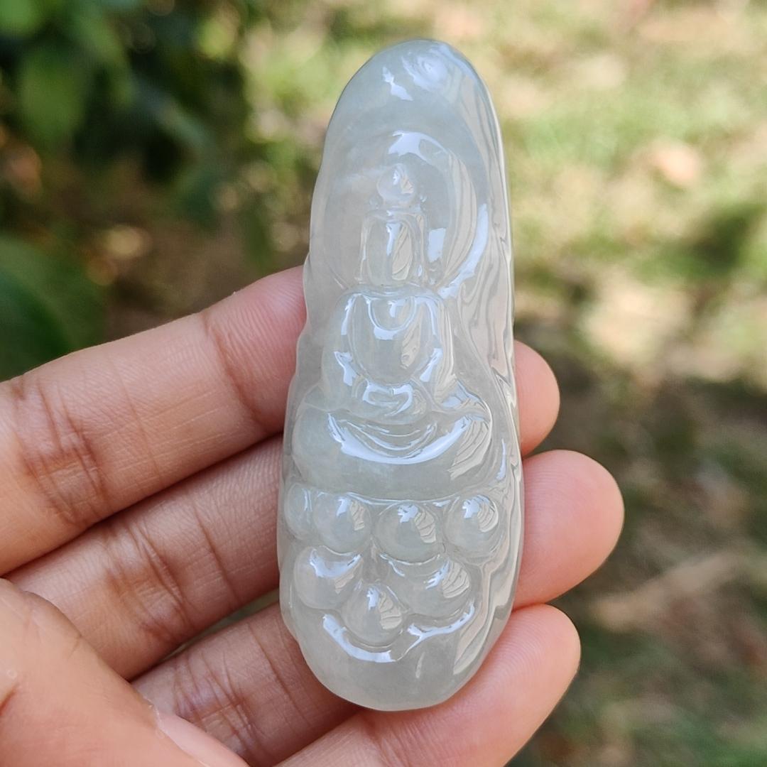 High Quality Light Green Hue Natural Type A Jadeite Jade crafted with Faceless Guanyin as Pendant, Certificate weighs 33.26 grams, measurement 63.8 * 23.6 * 12.2 mm (pendant237)