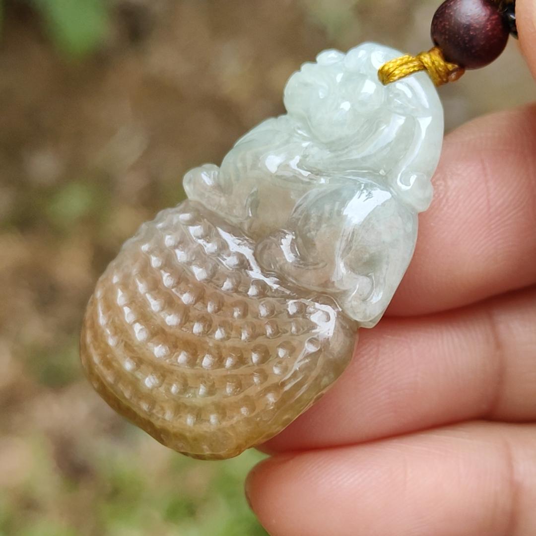 Quality Yellow with Light Green Hue Natural Type A Jadeite Jade crafted with Lion as Pendant, certificate weighs 17.82 grams, measurement 38 * 24 * 11.6 mm (pendant241)