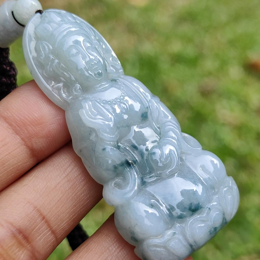 High Quality Light Green Floating Flower Natural Type A Jadeite Jade Crafted as Bodhisattva as Pendant, certificate weighs 19.12 grams, measurement 58.2 * 27 * 7.3 mm (pendant276)