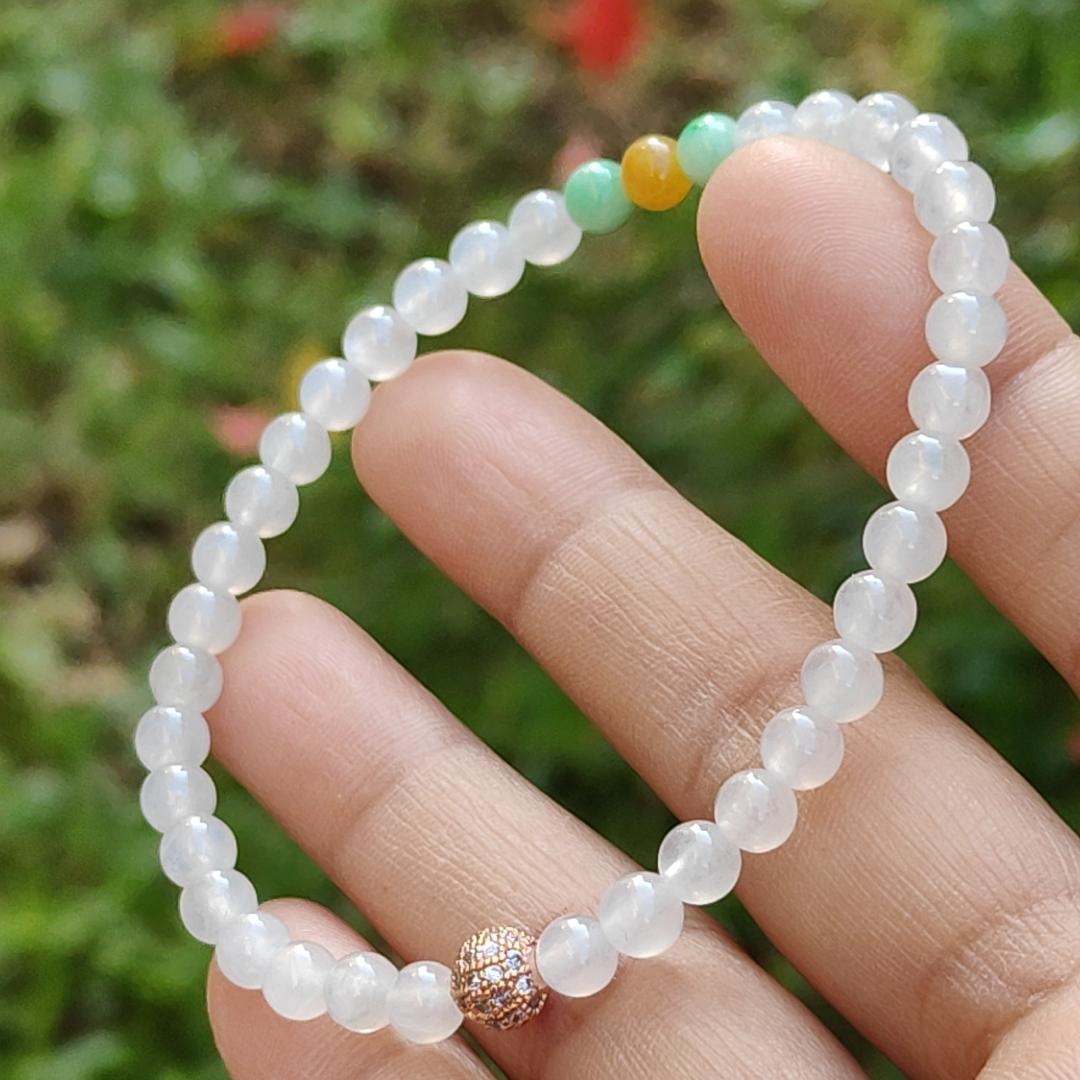 Icy Translucent beads, mix with 2 green 1 yellow Natural Type A Jadeite Bracelet, total of 38 beads with GIC labs approved certificate weigh 8.43 grams, measurement 4.8 mm, a stunning collection for your daily wear (bracelet3)