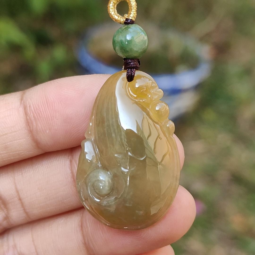 Rare Yellow Natural Type A Jadeite Jade crafted with Dragon Playing with Pearls as Pendant, certificate weigh 6.33 grams, measurement 32 * 21 * 6.5 mm (pendant217)