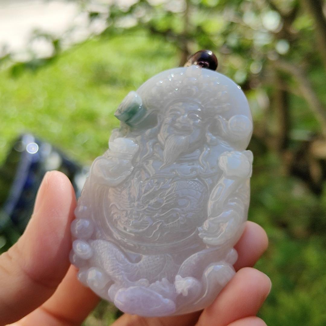 Premium Quality Lavender and Green Natural Type A Jadeite Pendant Necklace crafted with Big Fortune God Holding Ruyi with certificate weigh 77.38 grams, 70 * 47 * 11.8 mm (pendant35)