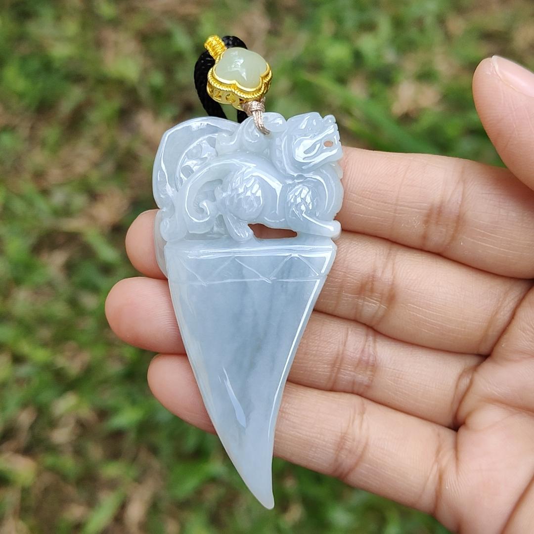 Bluish Light Lavender Natural Type A Jadeite Pendant crafted as Dragon Teeth with Pixiu and Ruyi, the symbols of Wealth and good luck, certificate weighs 27.63 grams, 67.3 * 33.2 * 7.8 mm, very suitable for daily wear (pendant58)