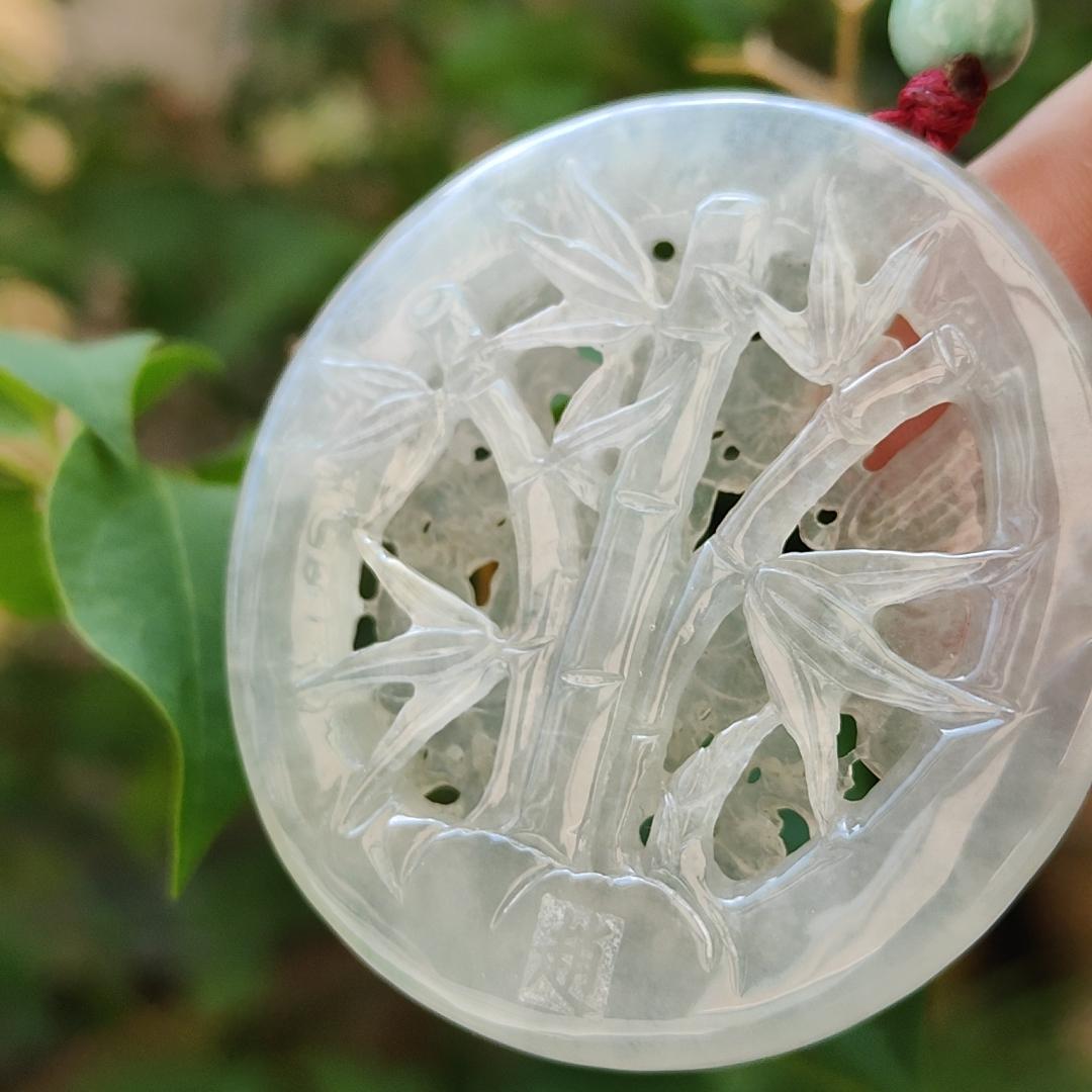 Highly Translucent Icy Natural Type A Jadeite Pendant Carved with Cranes, Pine Trees and Bamboo meaning Endurance, Perseverance and Never fading with Longevity, certificate included weighs 28.38 grams, 52.5 * 52.5 * 6.1 mm, for collection (pendant90)