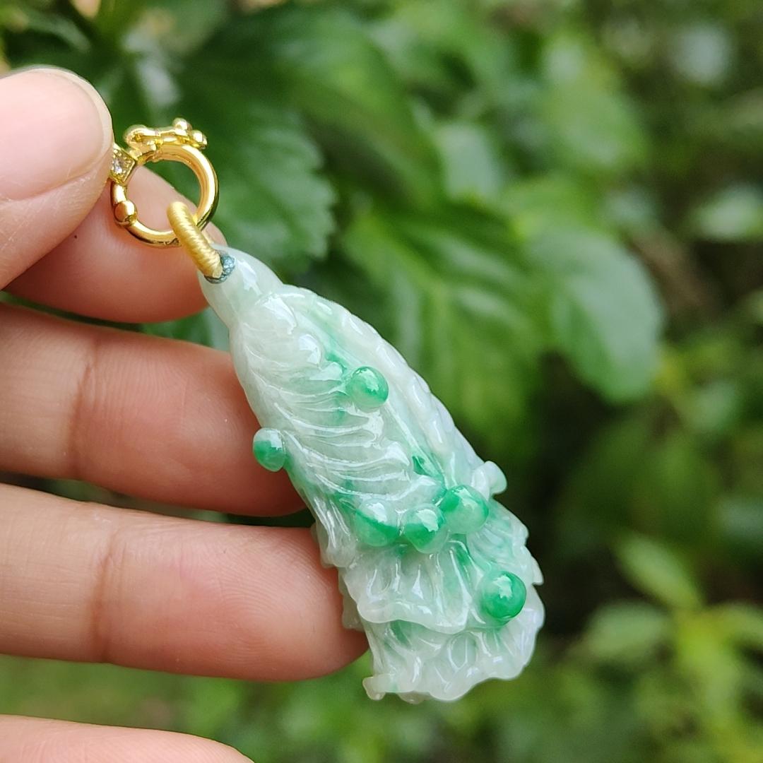 Rare Translucent Near White with Green Patches Natural Type A Jadeite pendant with NGI Gemstone report weight 72.19 grams, 44.87 * 20.83 * 14.52 mm carved as cabbage, with Gravity at 3.33 fine grain crystal aggregate suitable for daily wear (pendant127)