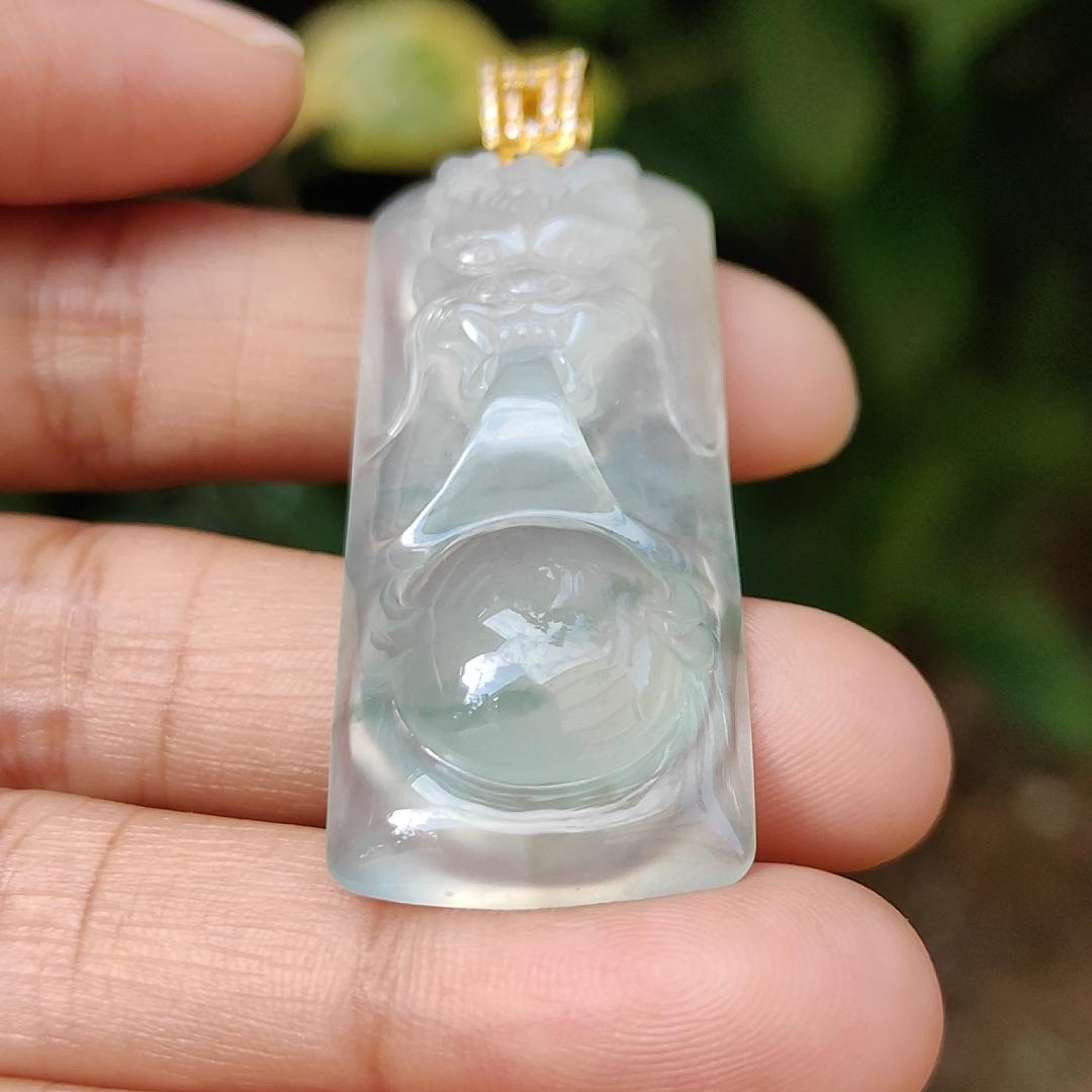 Premium Icy Translucent Light Green Natural Type A Jadeite Jade crafted with Dragon set on 18k Gold as Pendant, certificate weighs 12.99 grams, measurement 46.8 * 19.7 * 7.7 mm (18kp43)