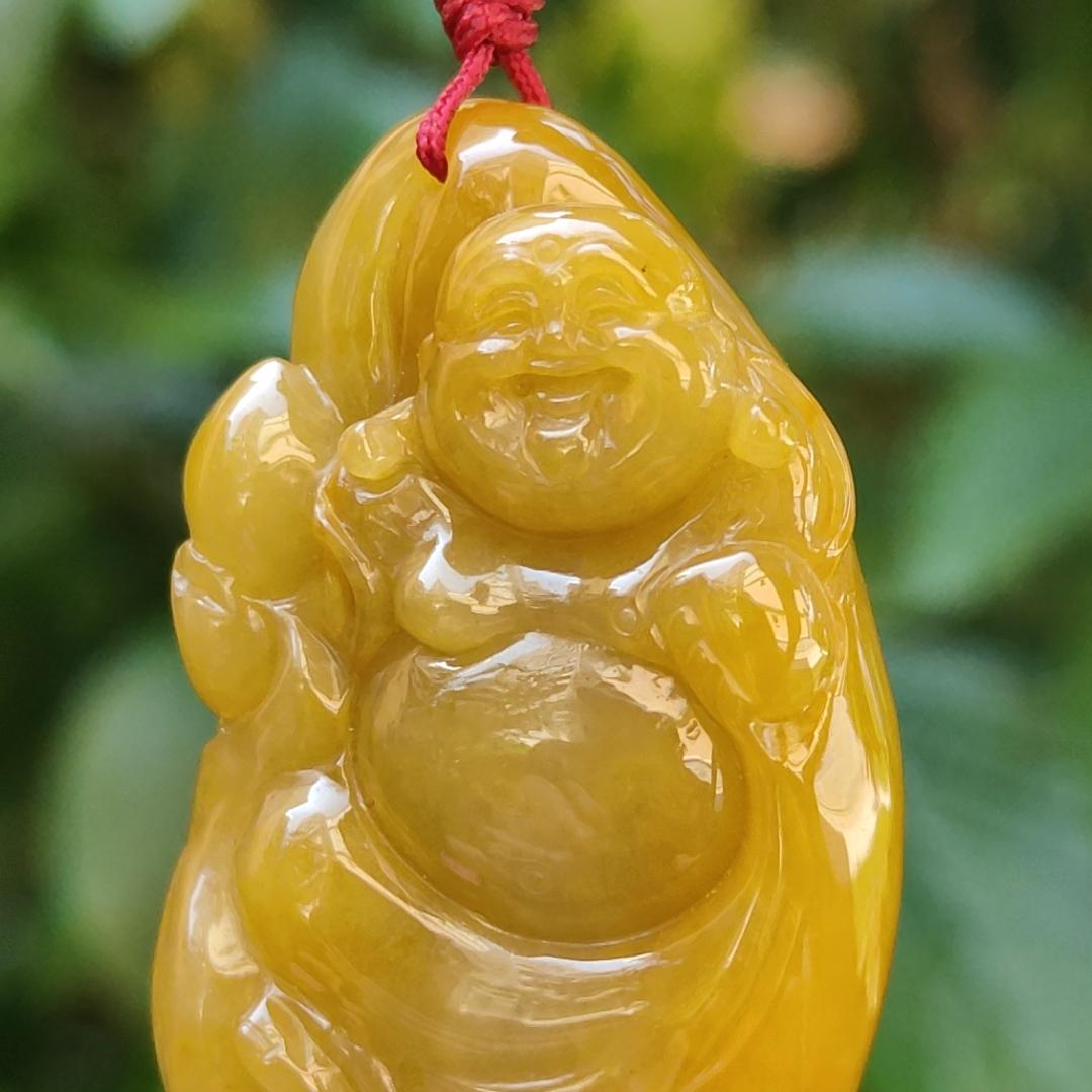 Full Yellow Old Mine Natural Type A Jadeite pendant carved with Laughing Buddha represents Tolerance and wisdom, humor, happy spirit, come with certificate weight 35.13 grams, 49.30 * 27.90 * 14.30 mm, suitable for daily wear on all occasions (pendant96)