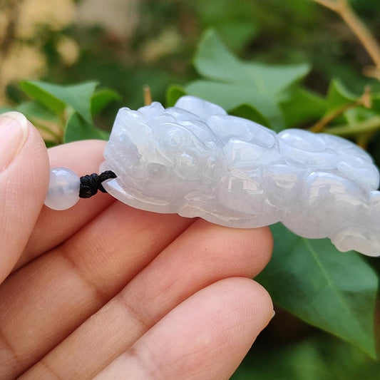 Light Lavender Natural Type A Jadeite Pendant carved as Pixiu with ruyi symbols of Joy and good luck, certificate included weigh 26.95 grams, 45.8 * 23.8 * 12.8 mm, suitable for daily wear boosting your luck (pendant75)