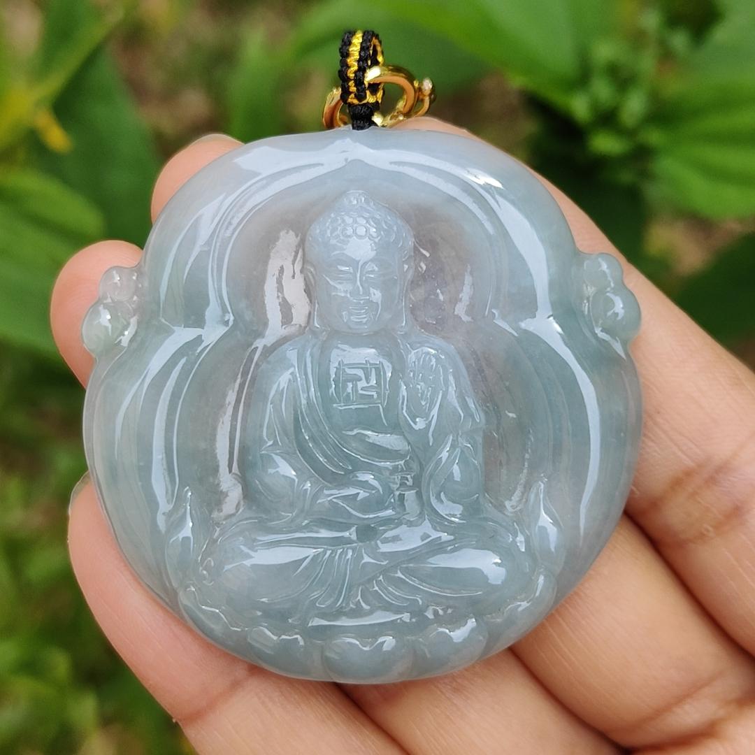 Semi Icy Bluish Green Hue Natural Type A Jadeite Pendant Crafted as Buddha with certificate included weigh 26.65 grams, 48.3 * 48.9 * 7 mm, suitable for daily wear