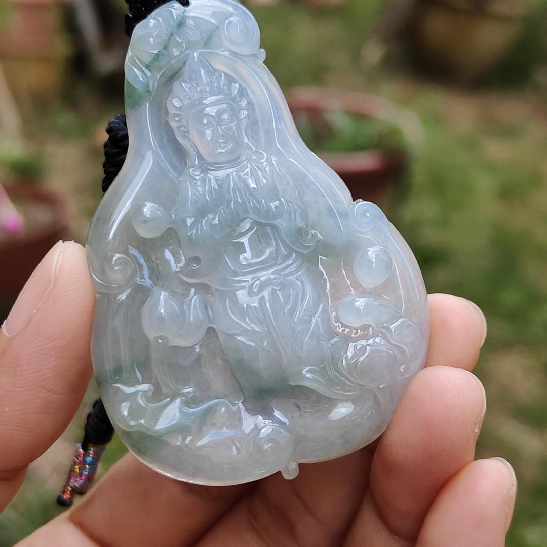 High Quality Light Lavender, Light Green with Yellow patches Natural Type A Jadeite Jade crafted with Guanyin as Pendant, certificate weigh 27.22 grams, measurement 63 * 44.3 * 6.8 mm (pendant229)