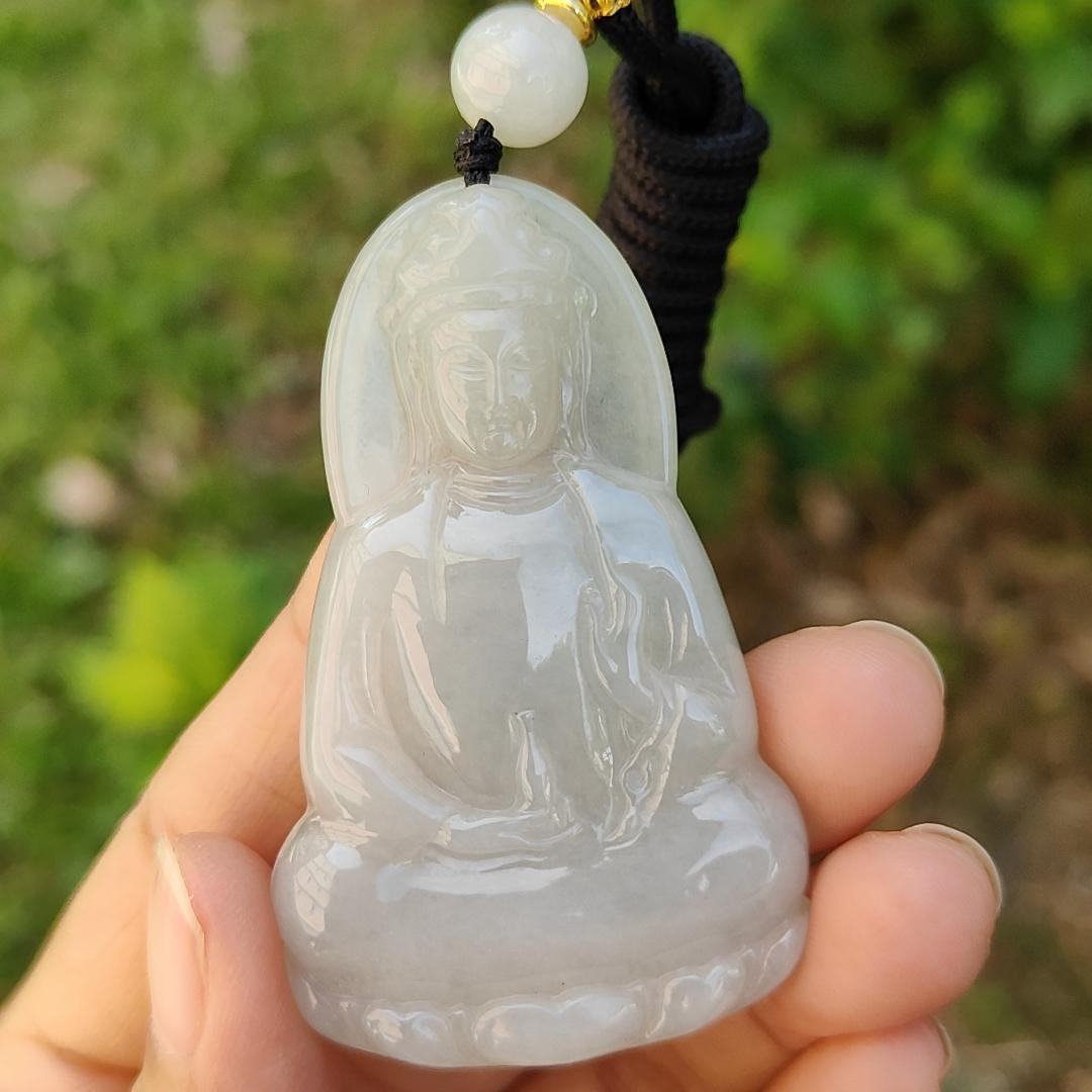 Semi Icy Natural Type A Jadeite Pendant carved as Guanyin with certificate weighs 23.87 grams, 60.3 * 37.1 * 6.2 mm, represents Compassion, wisdom and peace, suitable for daily wear (pendant83)