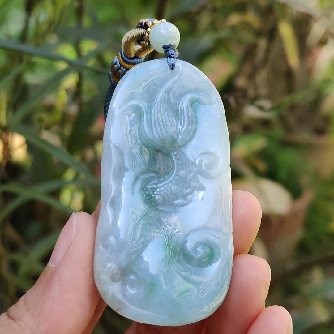 Blueish Green Natural Type A Jadeite Pendant Necklace crafted with Dragon and Fengshui Wheel, with GIC approved certificate weigh 39.57 grams, 58 * 29.8 * 12.6 mm, suitable for daily wear (pendant61)