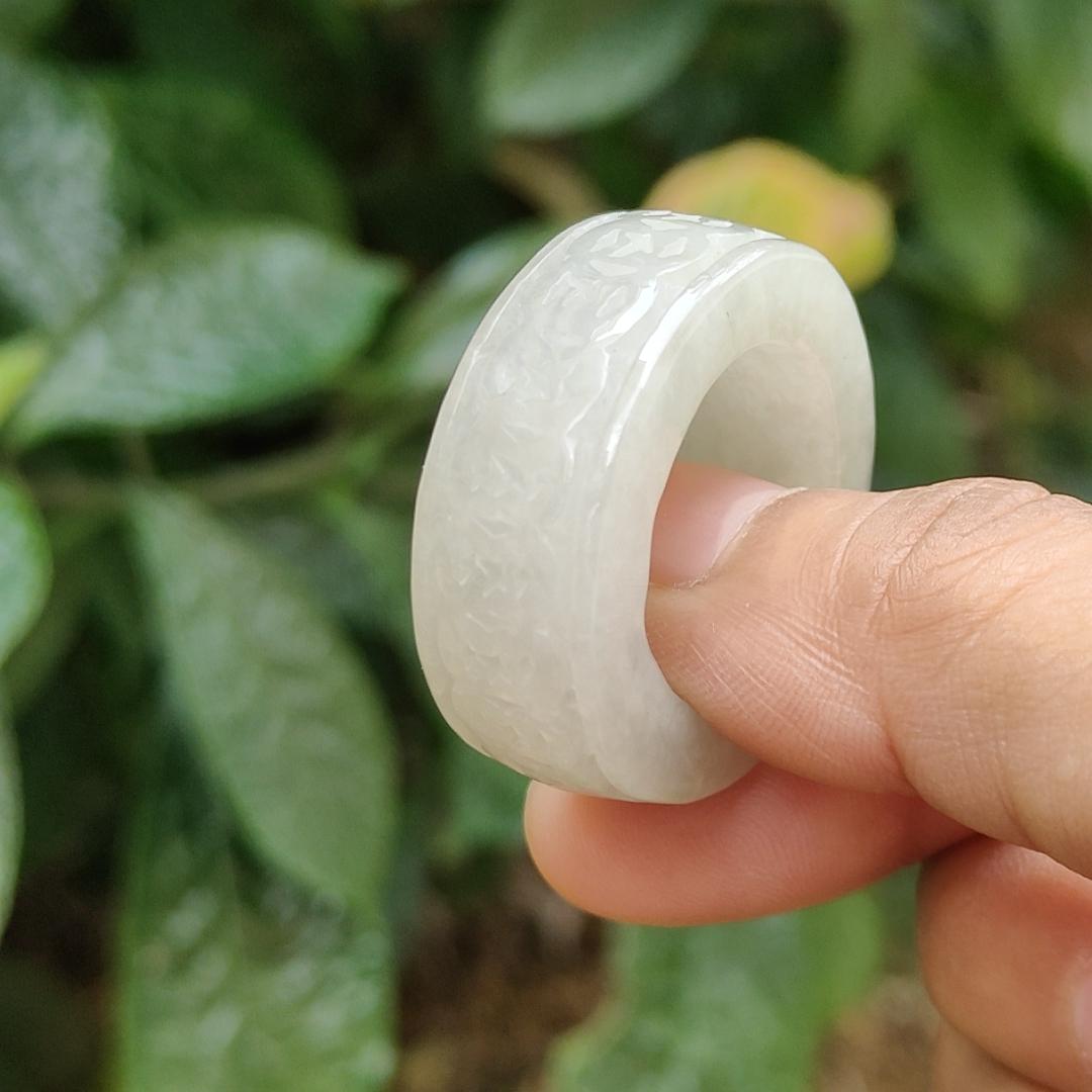 Quality White Natural Type A Jadeite Jade crafted with many coins as Ring with Finger size 21 mm, QIC approved labs certificate weigh 22.07 grams, measurement 12.5 * 6.7 mm (ring6)