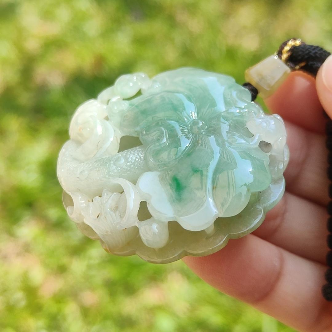 Rare Quality Yellow and Green Natural Type A Jadeite Jade beautifully crafted with frog and lotus old school hollow style, certificate weigh 27.08 grams, measurement 41.6 * 48 * 11 mm (pendant209)