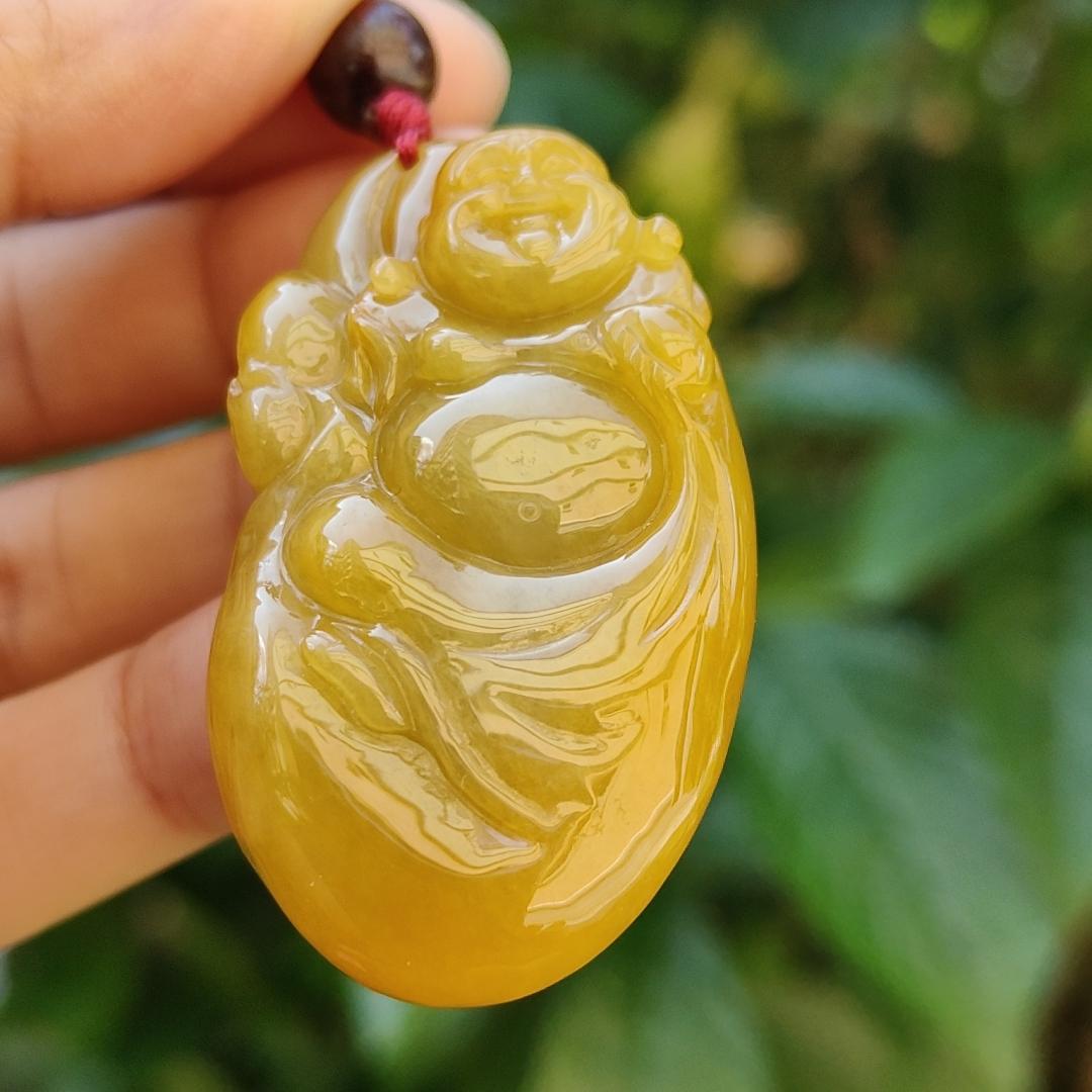 Full Yellow Old Mine Natural Type A Jadeite pendant carved with Laughing Buddha represents Tolerance and wisdom, humor, happy spirit, come with certificate weight 35.13 grams, 49.30 * 27.90 * 14.30 mm, suitable for daily wear on all occasions (pendant96)