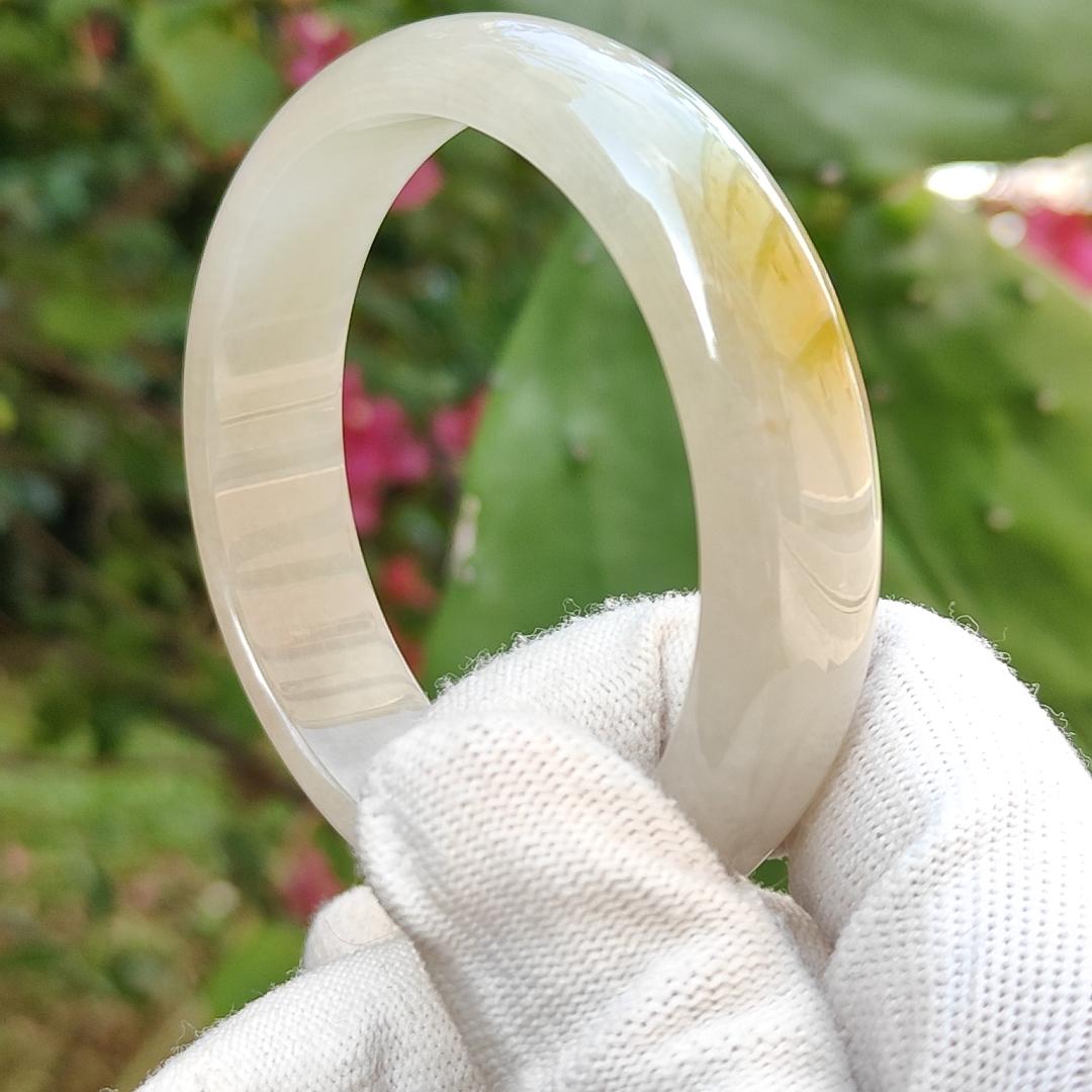 Very Rare Lemon-Yellow Patch Natural Type A Jadeite Jade crafted as Peace Bangle, certificate weighs 58.76 grams, measurement 15.3 * 7.1 * 56.4 mm (bangle9)