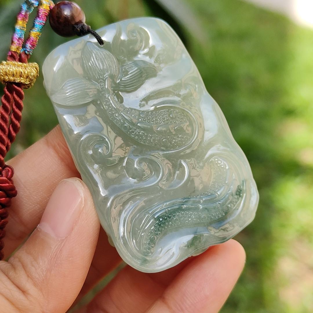 Premium Full Green with Green patches Rare Natural Type A Jadeite Jade Pendant Necklace Crafted as Dragon with certificate weigh 40.07 grams, 53.6 * 36 * 12.3 mm (pendant168)