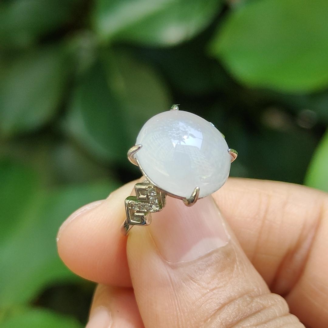 High Quality Semi Icy Cabochon with good Translucency Natural Type A Jadeite Jade set with S925 as adjustable Ring, certificate weighs 2.75 grams, measurement 12.9 * 11 * 4.8 (s925ring15)