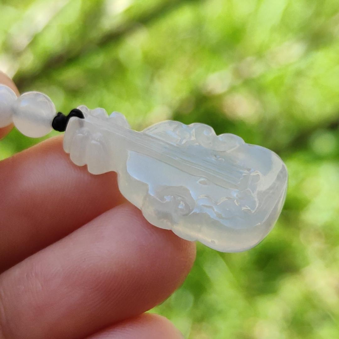 Super Rare Pure White Semi Icy Natural Type A Jadeite Jade crafted as Violin Pendant, certificate weighs 3.92 grams, measurement 27.7 * 15 * 5.3 mm (pendant256)