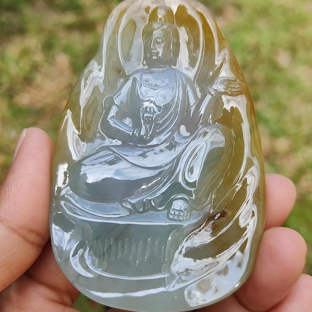 Hugh High Quality Light Green, Yellow Brown and Red Natural Type A Jadeite Jade crafted as Guanyin for Pendant, certificate weighs 79.47 grams, measurement 83.3 * 52.6 * 8.5 mm (pendant282)