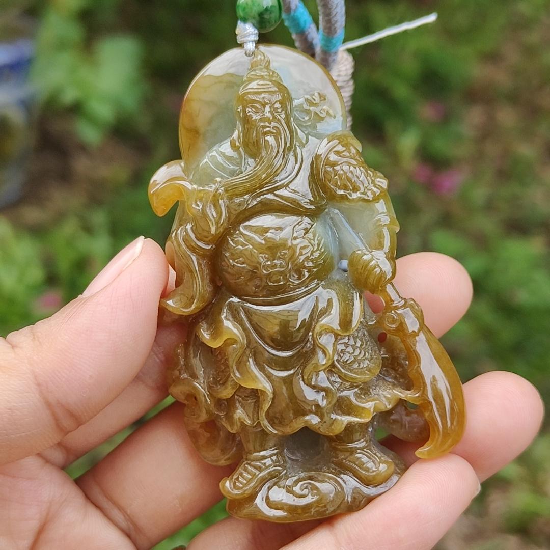 Special Sales - Very Rare Brown and Light Green Natural Type A Jadeite Jade crafted with Guan Gong as Pendant with certificate weigh 66.01 grams, measurement 70 * 43.7 * 18 mm (pendant228)