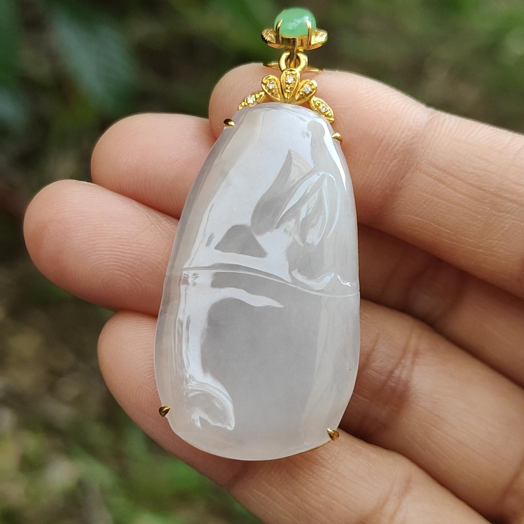 Icy Translucent Natural Type A Jadeite Jade crafted as Bamboo set on 18k gold with diamonds as Pendant, certificate weighs 9.99 grams, measurement 38.2 * 21.6 * 4.9 mm (18kp40)