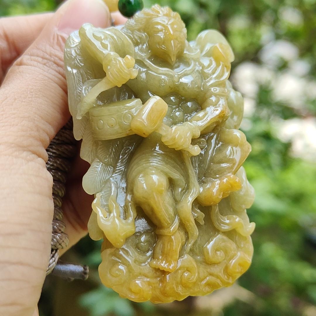 Super Rare Yellow with Light Green Hue Natural Type A Jadeite Jade crafted with shape of Lei Zhenzi as Pendant, certificate weighs 79.58 grams, measurement 69.8 * 42 * 19.5 (pendant257)