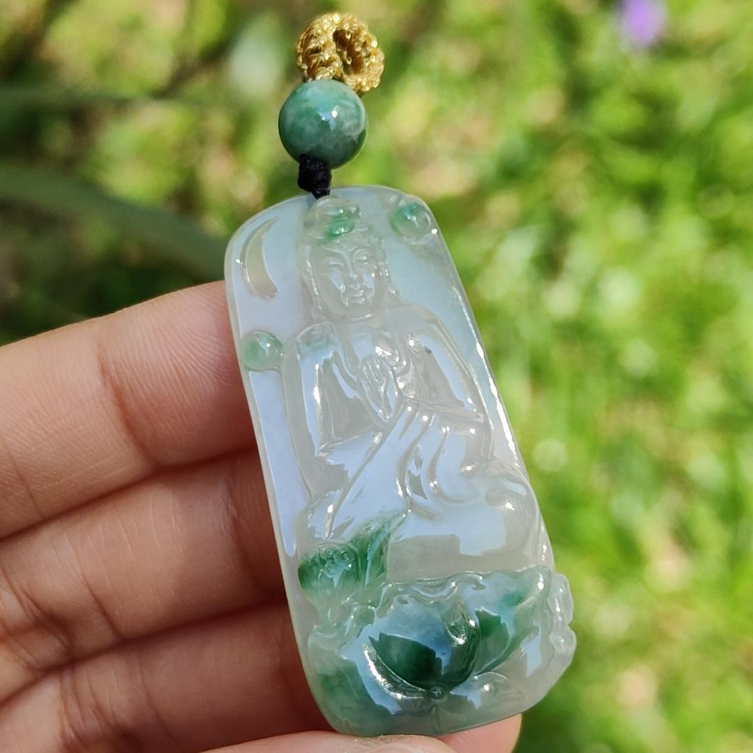 Icy Good Translucency with Green Natural Type A Jadeite Pendant Necklace crafted with Buddha and Lotus, certificate included weigh 13.2 grams, 46.2 * 22.5 * 6.3 mm