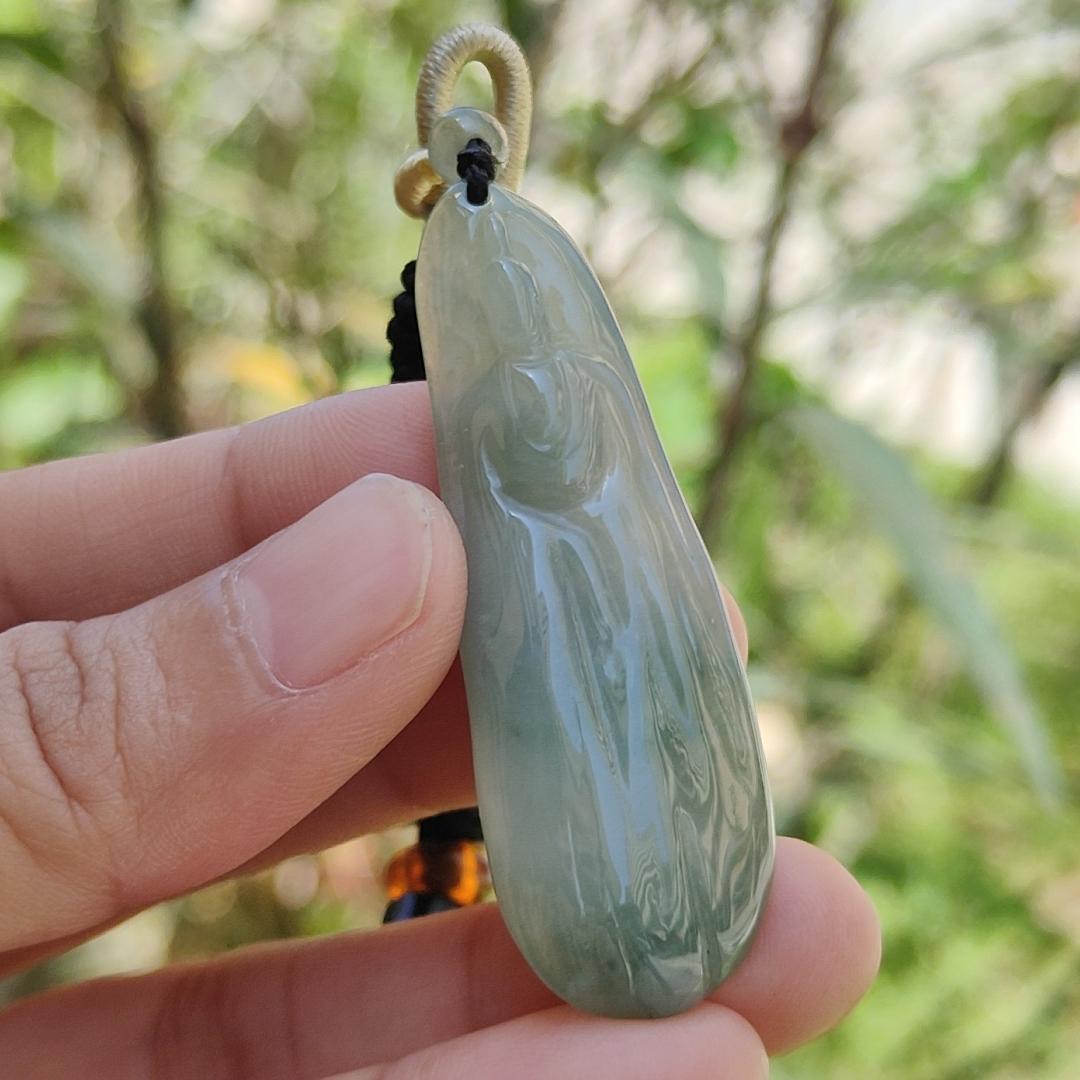 Light Green Natural Type A Jadeite Jade Pendant Necklace crafted with faceless Guanyin with QIC labs approved certificate weigh 11.82 grams, measurement 52 * 17.7 * 5.7 mm (pendant175)