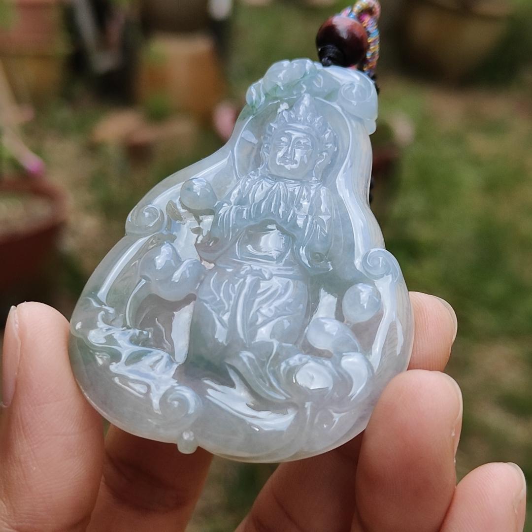 High Quality Light Lavender, Light Green with Yellow patches Natural Type A Jadeite Jade crafted with Guanyin as Pendant, certificate weigh 27.22 grams, measurement 63 * 44.3 * 6.8 mm (pendant229)