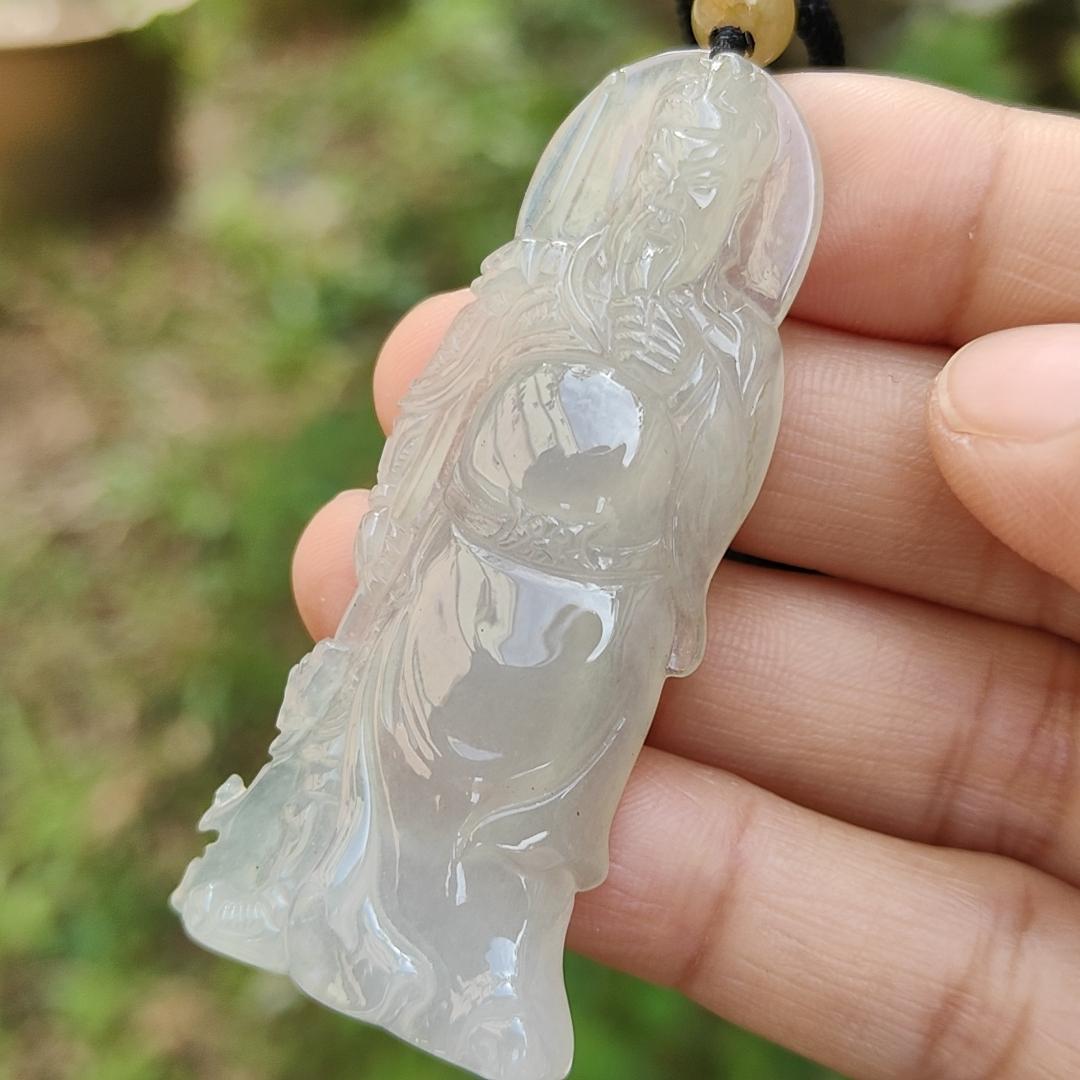 Premium Icy with good translucency Natural Type A Jadeite Pendant Necklace crafted as Guan Gong with certificate weigh 15.41 grams, 59.3 * 26 * 6.3 mm, (pendant31)