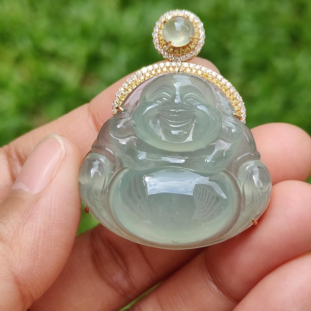 Icy Light Green Natural Type A Jadeite Jade Pendant crafted as Milo Buddha set on 18k gold with 1 icy cabochon and diamonds, certificate included weigh 13.8 grams, measurement 41.9 * 33.1 * 11.6 mm (18kp15)