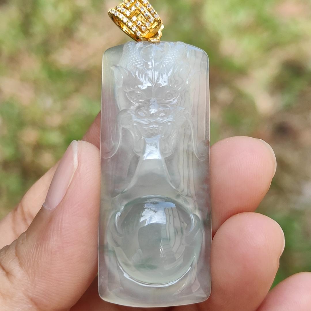 Premium Icy Translucent Light Green Natural Type A Jadeite Jade crafted with Dragon set on 18k Gold as Pendant, certificate weighs 12.99 grams, measurement 46.8 * 19.7 * 7.7 mm (18kp43)