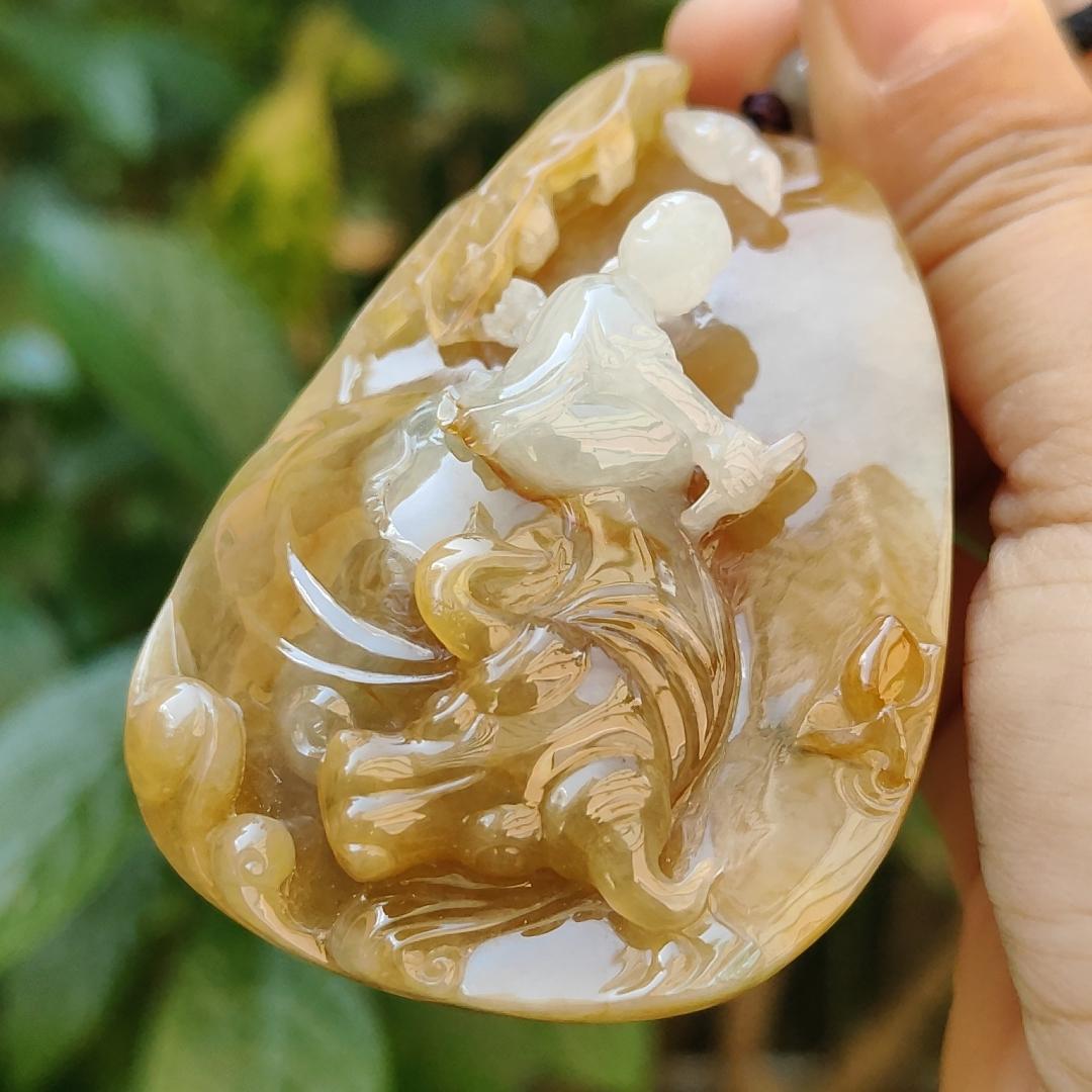 Rare Brown and White Natural Type A Jadeite Pendant carved with Laozi riding the cow with Yin and Yang, certificate included we ighs 68.76 grams, 69.10 * 48.70 * 17.20 mm, the collector's edition or daily wear (pendant94)