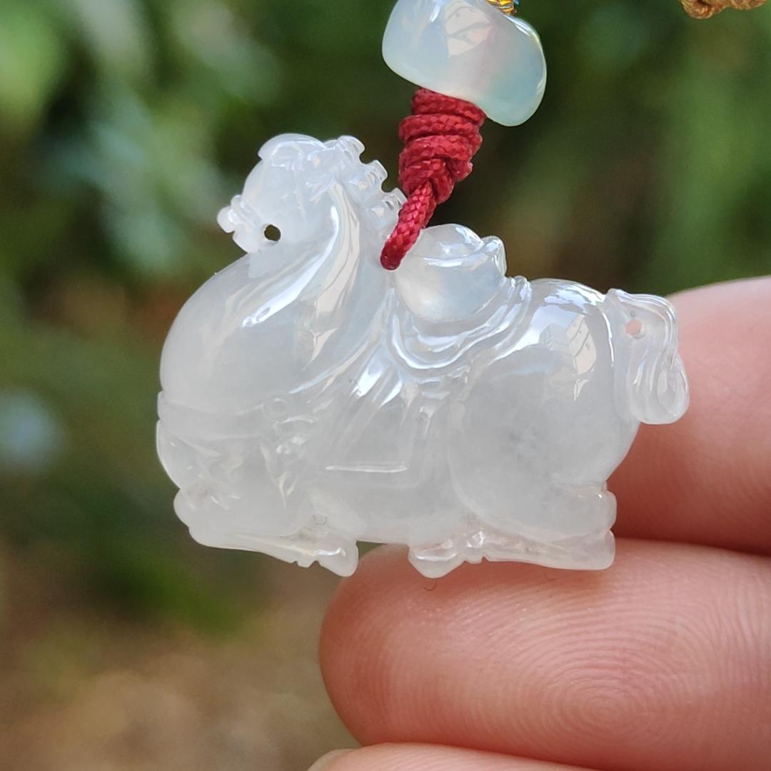 Icy Translucent Quality Natural Type A Jadeite Jade crafted with Horse and Ingot as Pendant, certificate weighs 7.4 grams, measurement 19.5 * 24.2 * 10.2 mm (pendant245)